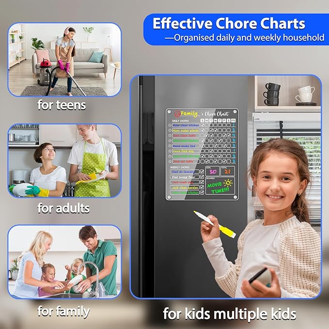 PigPotParty Acrylic Magnetic Chore Chart for Kids on Fridge – 2 Pack 9.5"x12" Weekly Dry Erase Chore Board with 8 Fine Tip Colorful Markers and 1 Towel – for Multiple Kids, Teens and Family