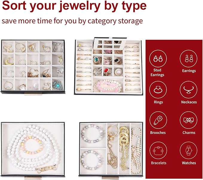 BOOVO Clear Lid Jewelry Box,4 Layers Jewelry Organizer Large Jewelry Storage Box with 3 Drawers,Jewelry Holder Organzier of Rings Earrings Necklace Bracelets for Women (Black, 4 Layer)