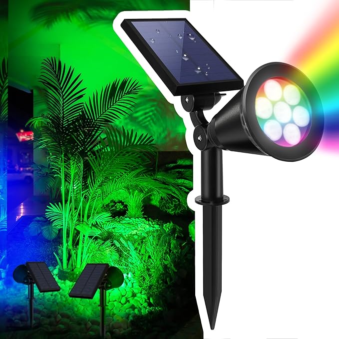 Solar Spotlights Outdoor, 7-LED Flag Pole Spot Lights, RGB Color Changing Solar Powered Landscape Flagpole Light, Dusk-to-Dawn Waterproof Ground Spotlight for Christmas Tree Yard Garden (Multicolored)