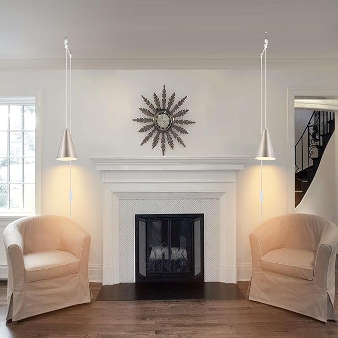 Brushed Nickel Plug In Pendant Light,Hanging Lights with Plug In Cord On/Off Switch, Mini Silver Pendant Lights for Kitchen Island,Modern Chandelier with Metal Shade,Hanging Lamps for Bedroom