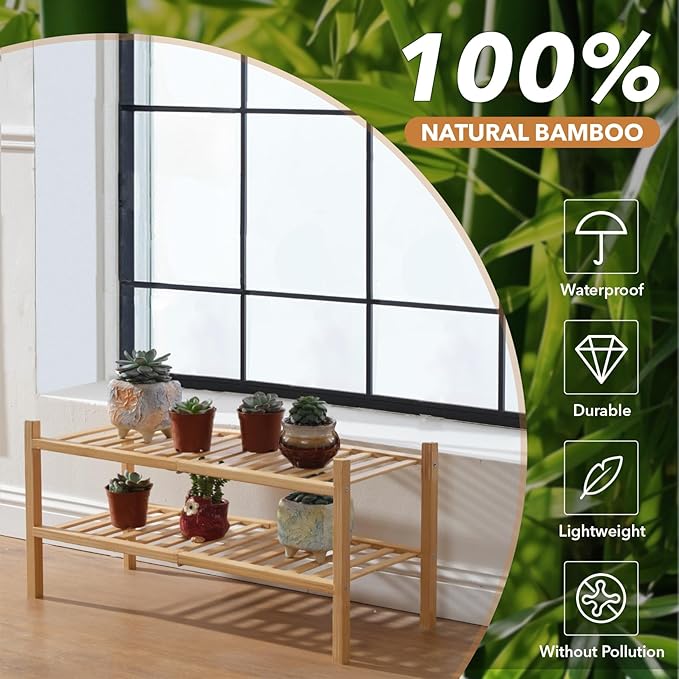 2 Tier Bamboo Shoe Rack Storage Organizer for Closet, Multifunctional Stackable Free Standing Shoe Shelf Organizer for Small Space,Entryway,Hallway,Bathroom 27"x11"x13"(Natural, 2 Tier)