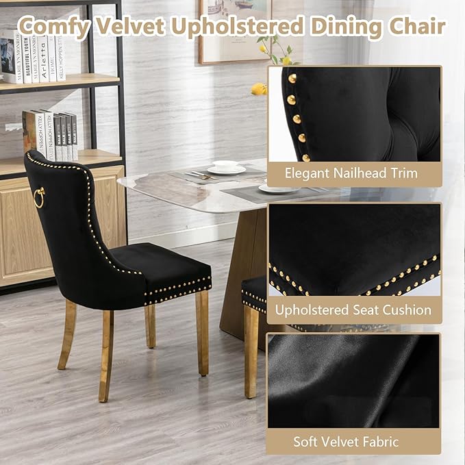 Goujxcy Modern 7 Piece Glass Dining Table Set Luxury Glass Kitchen Table and Chair Set for 6, 70" Large Rectangular Dining Room Table with 6 Tufted Chairs and Stainless Steel Legs (Gold & Black)