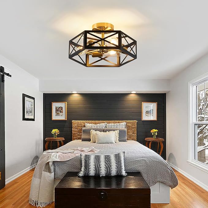 Modern Flush Mount Ceiling Light, 3-Light Black Gold Hallway Light Fixtures Ceiling Mount, Industrial Close to Ceiling Light with Metal Hexagon Cage Ceiling Lamp for Kitchen, Bedroom, Bathroom