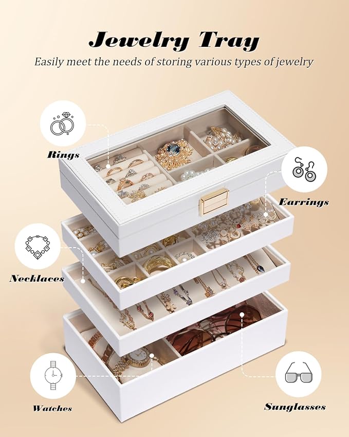 Homde Jewelry Tray Stackable Jewelry Box Drawer Organizer with Glass Lid, Removable Dividers for Vanity Table Gift Idea for Girls and Women (White)