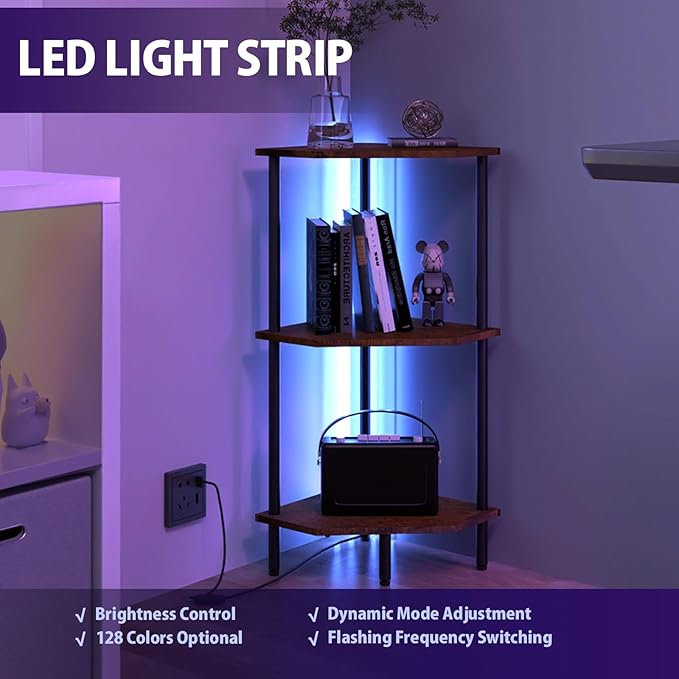 3 Tier Corner Shelf with LED Light,Bookcase for Small Spaces,Display Shelf,Narrow Bookshelf,Plant Stand,Rustic Brown and Black,Suitable for Bedroom,Living Room,Kitchen