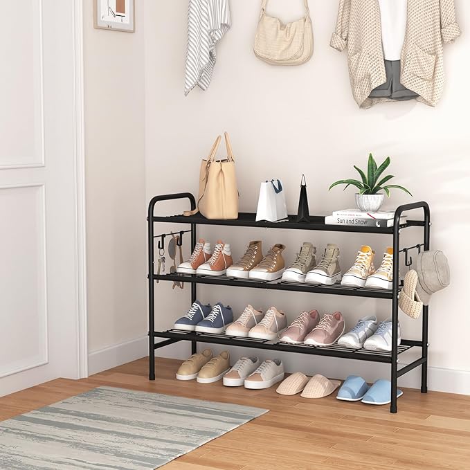 3 Tier Shoe Rack 33" Wide Metal Shoe Organizer Long Shoe Storage with 4 Side Hooks Sturdy Shoes Shelf for Front Door Entrance, Closet, Garage, Dorm, Black