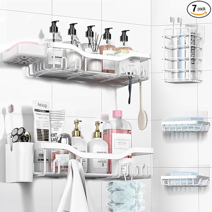 Shower Caddy Adhesive Shower Organizer 7-Pack, Rustproof Stainless Steel Bathroom Shelves, Large Capacity No-Drill Rack Storage Accessories with Soap Dish Toothbrush Holder Hooks (White)