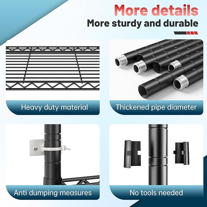 82" H X45 W X18 D Storage Shelves with Wheels, 6 Tier Wire Shelving Adjustable Metal Shelving Pantry Shelves Capacity 1200LBS for Garage Shelving, Pantry, Kitchen, Closet, Black