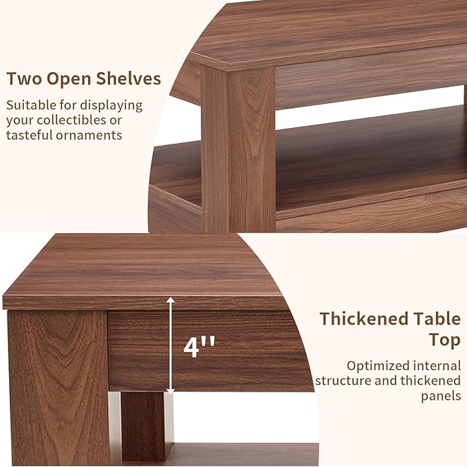 43.3" Coffee Table with Storage, 2-Tier Mid Century Rectangular Accent Table with Thick Tabletop, Rustic Style Cocktail, Center Table for Living Room, Office, Apartment (Walnut)