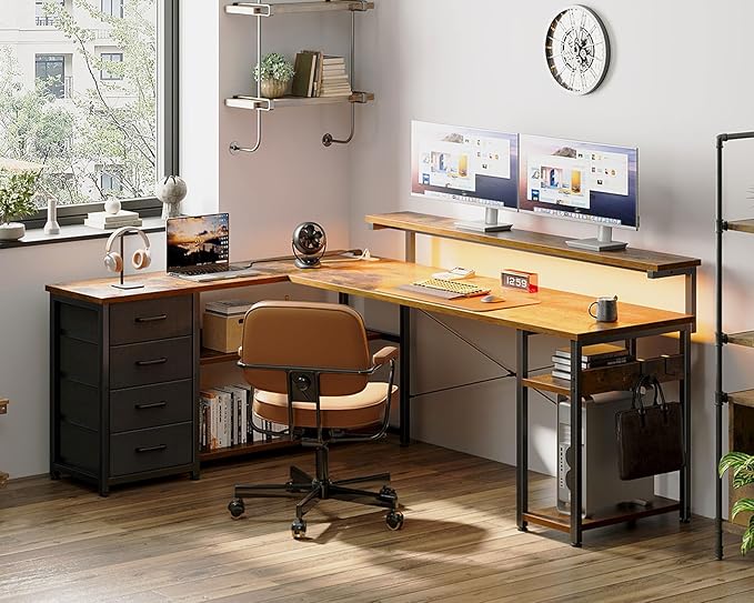 AODK 61" L Shaped Desk with Drawer, Computer Desk with Power Outlets & LED Lights, Reversible Corner Gaming Desks for Home Office Workstation, Office Table with Monitor Shelf, Vintage