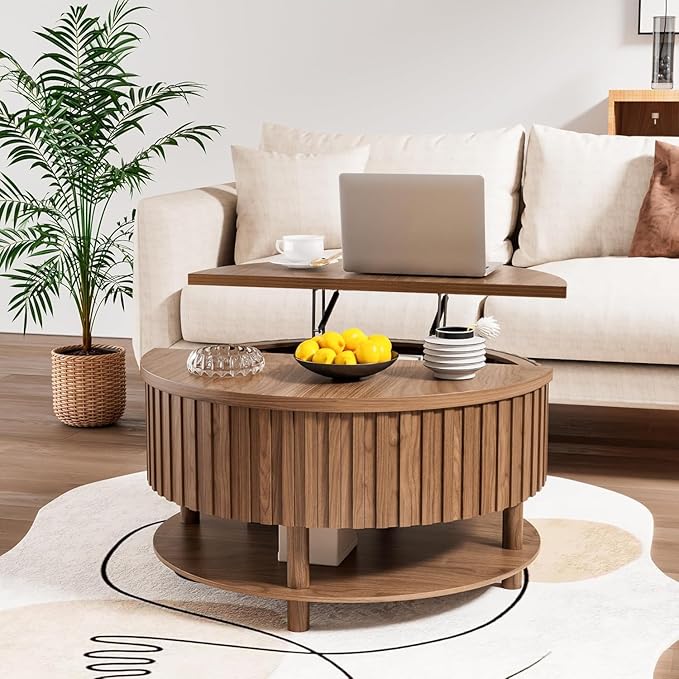 Round Lift Top Coffee Table with Storage, 31.5'' Modern 2-Tier Coffee Table with Hidden Storage Compartment and Open Shelf, Fluted Center Table for Living Room Home Office (Walnut)