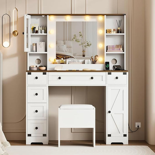 IDEALHOUSE Farmhouse Vanity Desk with Mirror and Lights, White Makeup Vanity Set with Stool, Power Outlet, 3 Color Lighting Modes Bulbs, Drawers & Cabinets, Dressing Table for Bedroom, White