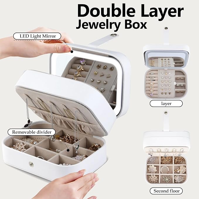 Travel Jewelry Case with LED Lighted Mirror, Portable Travel Jewelry Organizer, 2-Layer Jewelry Box for Earrings Necklace Bracelet Rings, Birthday Gifts for Women Girls Kids (White)