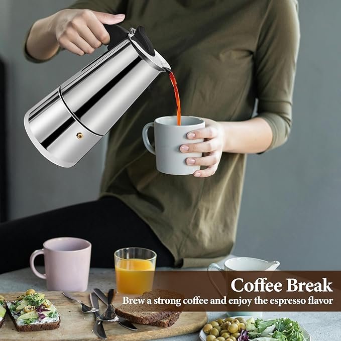 12 Cup Moka Pot Percolator Italian Coffee Maker 600ml Stovetop Espresso Mocha Stainless Steel Greca Coffee Maker Classic Cafe Makers Suitable for Induction Cookers Ceramic Stoves Straight