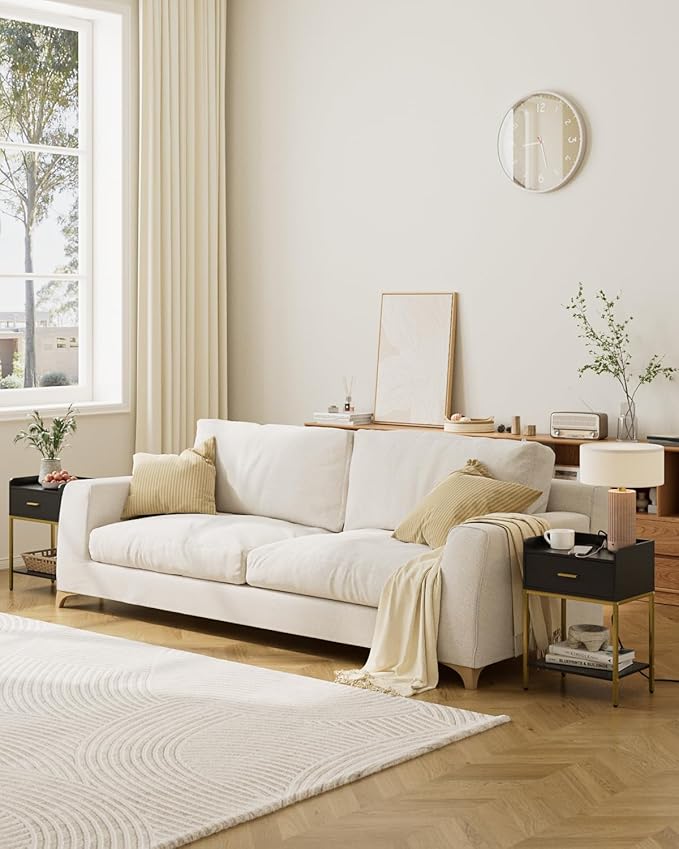 Masupu Nightstand with Charging Station,3-Tier Modern Bedside Night Stand with Storage Drawer and Shelf,Small End Side Table for Bedroom,Living Room,Gold and Black