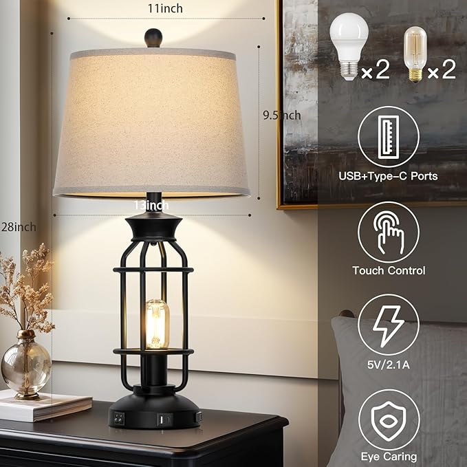 28" Vintage Table Lamps with USB C+A Ports & AC Outlet, Industrial Farmhouse Table Lamp Set of 2, Black Modern Nightstand Beside Lamps with 2 Night Light for Living Room Bedroom(4 LED Bulbs Included)