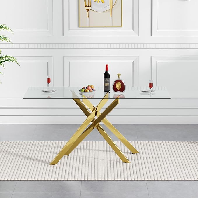 Rectangular Glass Dining Table, Tempered Glass Tabletop and Metal Legs, Modern Style Glass Kitchen Table for Home, Kitchen, Dining Room (Gold, 52'')