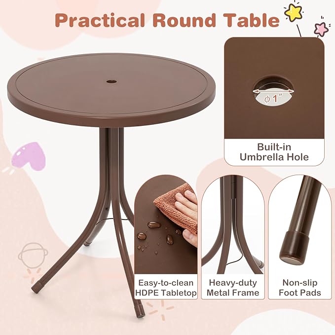 Costzon Kids Picnic Table, Kids Outdoor Table with 2 Folding Chairs, Height Adjustable Umbrella, Portable Children Outdoor Furniture for Patio, Garden, Backyard (Brown)