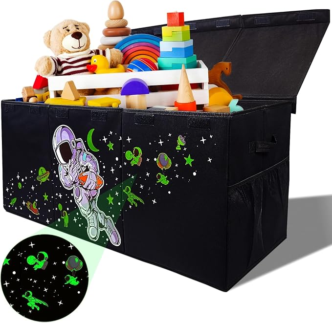 Extra Large Toy Storage Organizer For Living Room with Lids - Glow-in-Dark 40"x14"x16" Collapsible 600D Oxford Toy Chest for Kids, Boys, Girls - Durable Toy Bin for Living Room, Playroom, Nursery