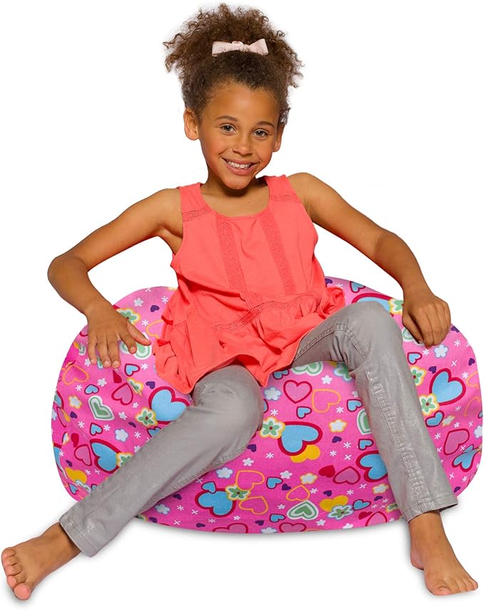 Posh Creations Bean Bag Chair for Kids, Teens, and Adults Includes Removable and Machine Washable Cover, Canvas Multi-Colored Hearts on Pink, 27in - Medium