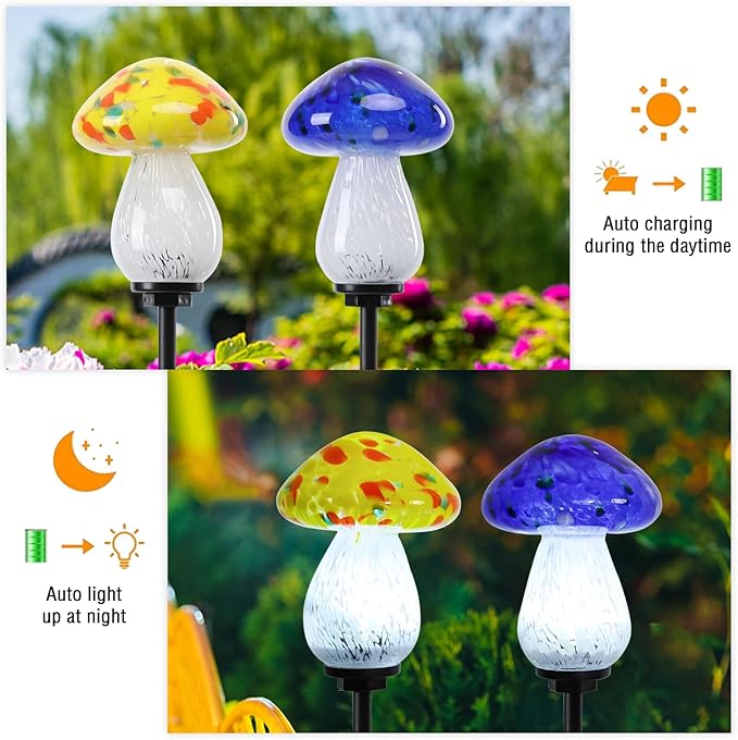 Bshine Mushroom Solar Outdoor Lights, 2 Pack Mushroom Solar Lights Handmade Blown Glass Waterproof Metal Stakes Decoration Garden, Outdoor Yard Art Decoration Pathway, Lawn Ornaments, Gift for Mom