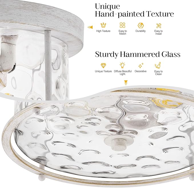 LamQee Flush Mount Ceiling Light with Clear Hammered Glass, Industrial 2-Lights Farmhouse Close to Ceiling Light Fixtures Round Low Profile for Kitchen Hallway Foyer Entrance Bedroom Rustic White