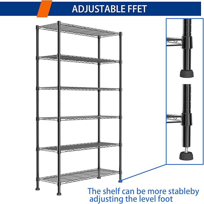 REGILLER 6-Wire Shelving Metal Storage Rack Adjustable Shelves,Standing Storage Shelf Units for Laundry Bathroom Kitchen Pantry Closet(Black,14.1" D x 36.1" W x 72" H)