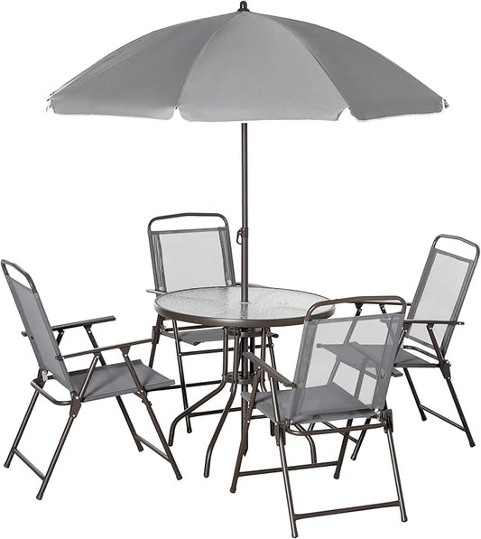 Outsunny 6 Piece Patio Dining Set for 4 with Umbrella, Outdoor Table and Chairs with 4 Folding Dining Chairs & Round Glass Table for Garden, Backyard and Poolside, Gray