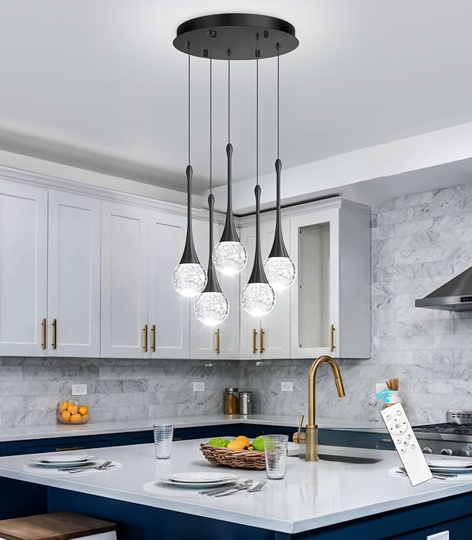 cenzoz 5-Lights Modern Pendant Lights for Kitchen Island LED Dimmable Chandelier Crystal Glam Ceiling Pendant Lighting for Dining Room Hallway Bedroom Lamp Black