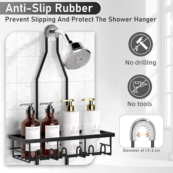 Shower Caddy,Rustproof Shower Shelves Over Shower Head,Extended Length shower rack with Soap Holder,Black