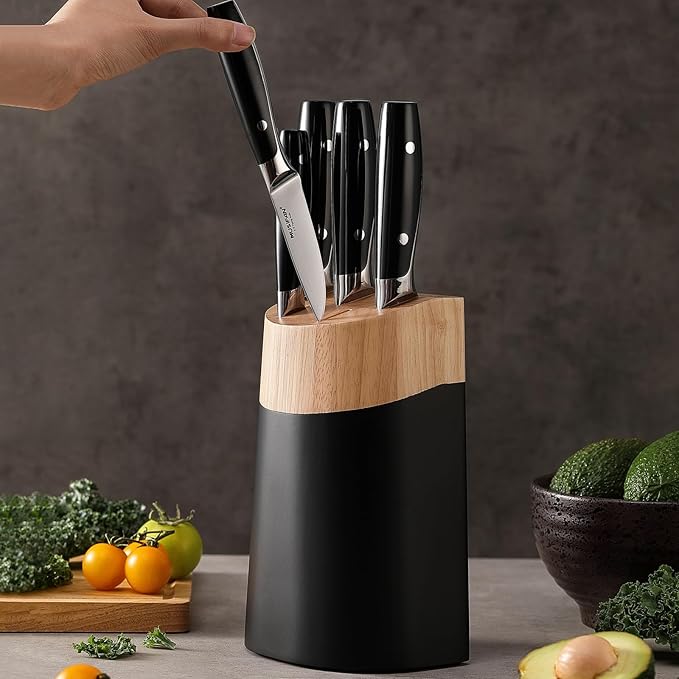 6-Piece Knife Block Sets，Stainless Steel Kitchen Knife Set with Block – High Carbon Black Knives, Dishwasher Safe，Holiday Gift
