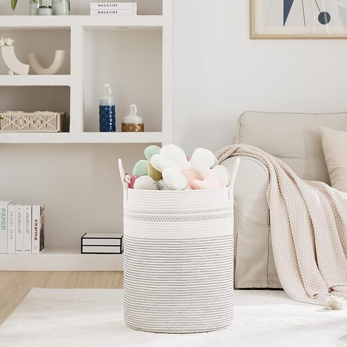 Fiona's magic 72L Large Woven Rope Laundry Hamper, Tall Laundry Basket Storage, Baby Nursery Hamper for Blankets, Toys and Clothes Hamper for Bedroom and Living Room Organizing, Jute, White
