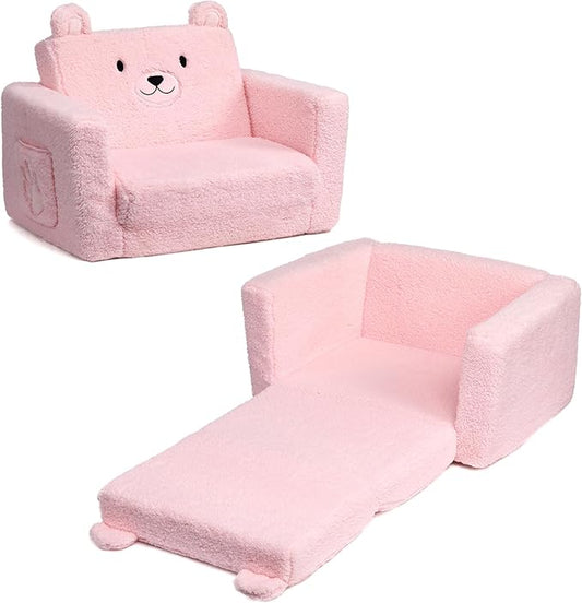 ALIMORDEN Fold Out Toddler Couch, Comfy 2-in-1 Cuddly Sherpa Bear Chair for Kids, Convertible Sofa to Lounger, Kids Cozy Corner Play Couch for Boys and Girls, Pink