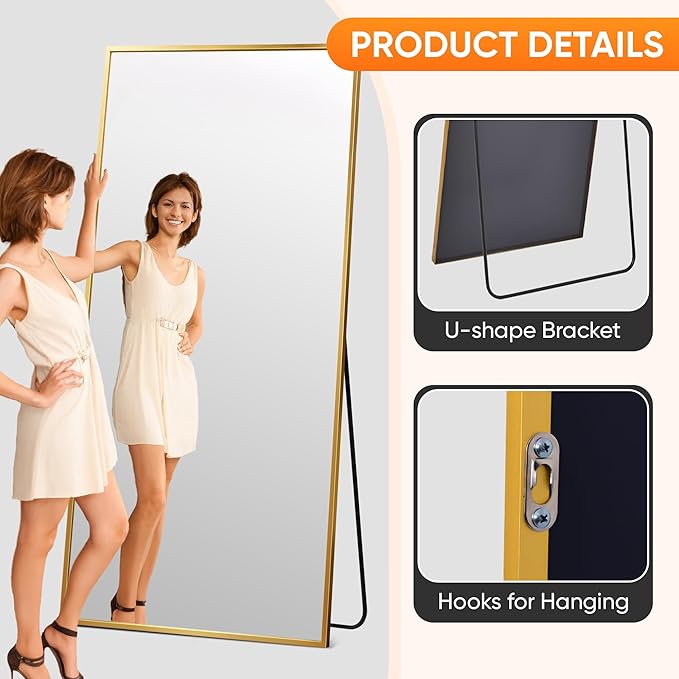 Suidia Full Length Mirror, 71"x32" Floor Standing Mirror Freestanding, Full Body Mirrors with Stand for Bedroom, Hanging Mounted for Living Room Cloakroom, Gold, Rectangular Style