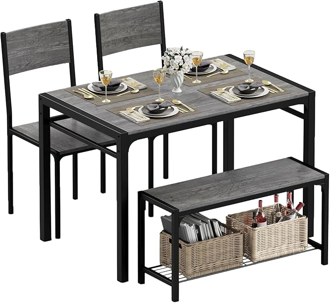JUMMICO 43.3" Dining Table Set for 4, Kitchen Table with Bench & 2 Chairs Modern Rectangular Metal Frame Dining Furniture Set for Small Space (Grey)