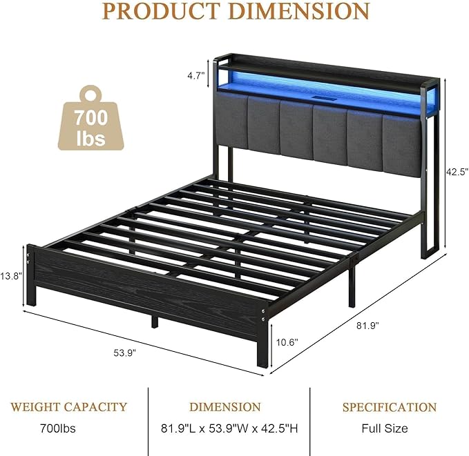 Full Size Bed Frame with LED Lights and Charging Station, Metal Platform Bed Frame Full with Upholstered Storage Headboard, Heavy Duty Metal Slats, No Box Spring Needed, Easy Assembly, Dark Grey