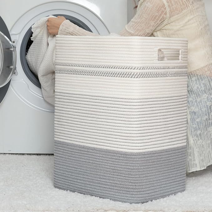 Laundry Hamper, Large Woven Rope Tall Laundry Basket with Handles, 22" X 17" X 13", Decorative Storage Basket for Clothes and Blankets in Living room, Bedroom, Grey & White