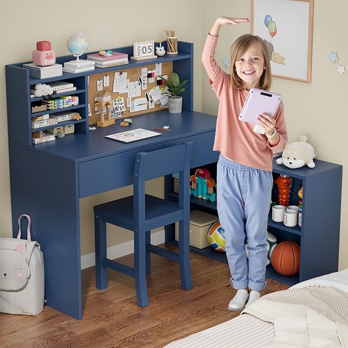 Blue Wooden Kids Desk and Chair Set,RUPOLX Kids Study Table and Chair Set with 2 Drawers & 4 Cabinets, Kids Study Desk with Removable Large Storage Cabinet,Girls Study Desks for Kid for Bedroom-NTU9XC