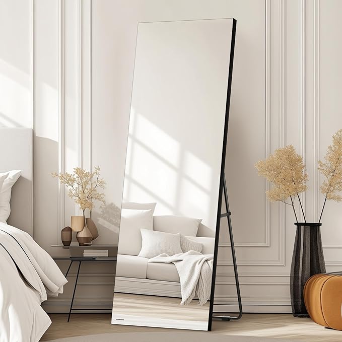 64x24 Frameless Full Length Silver Coating Mirror w/Distortion Free, HD Reflection &Anti Desilvering, Tempered Glass & Shatter Proof Film Doubling Safety, Easy Setup w/Stand, Wall/Standing