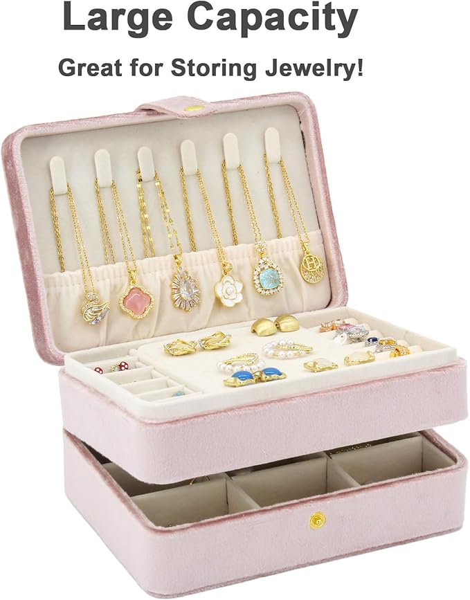 KOOAAICCHI Small Jewelry Box, Travel Jewelry Organizer, Portable Jewelry boxes for Women Girls Gift, Double Layers PU Leather Jewelry Holder for Rings, Earrings, Necklaces-Velvet Pink