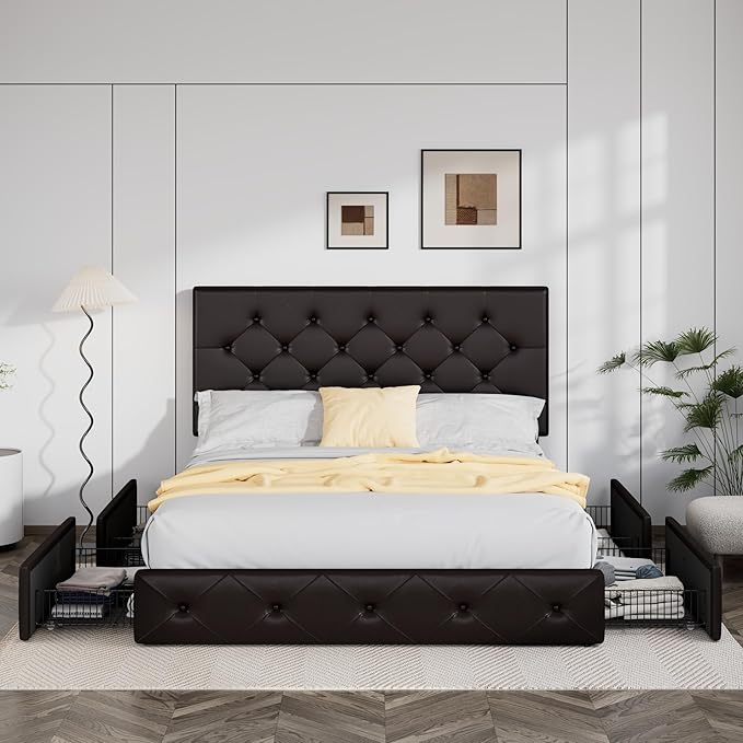 Allewie Upholstered Queen Size Platform Bed Frame with 4 Storage Drawers and Headboard, Diamond Stitched Button Tufted, Mattress Foundation with Wooden Slats Support, No Box Spring Needed, Black Brown