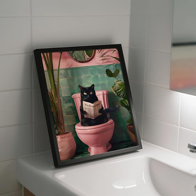 Framed Vintage Cat Canvas Wall Art, Funny Pink Animal Reading Books Painting Picture Print, Cute Kitten Lovers Aesthetic Wall Decor for Nursery Girls Room Bedroom Kids Room 10''L x 8''W