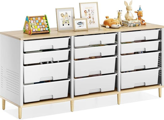 Storage Cabinet with 12 Drawers, Home Storage With Wooden Tabletop, Cube Storage Organizer for Living Room, Bedroom, Classroom, Office, Playroom, Craft Room, (White)