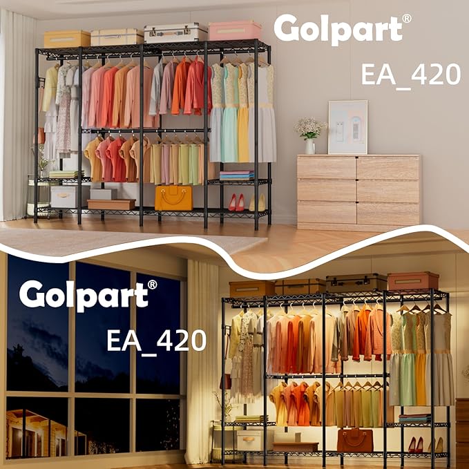 Heavy Duty Garment Rack Clothes Rack,Large Metal Closet Organizer System Storage Wardrobe,Freestanding Clothing Rack with Adjustable Wire Shelves& Hang Rods,MaxLoad 1000lbs