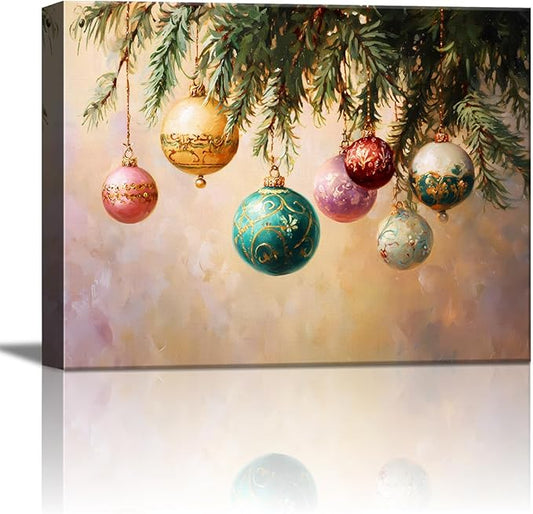 Vintage Holly Garland Christmas Canvas Wall Art - Rustic Christmas Wall Decor Framed Canvas Prints for Living Room & Office, Timeless Christmas Gifts & Winter Wall Decor