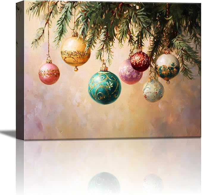 Vintage Holly Garland Christmas Canvas Wall Art - Rustic Christmas Wall Decor Framed Canvas Prints for Living Room & Office, Timeless Christmas Gifts & Winter Wall Decor