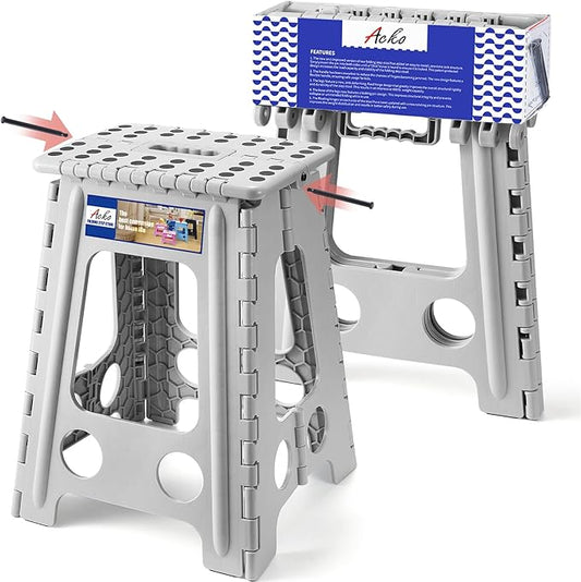 ACKO Folding Step Stool Foldable 17.5 Inch 400 lbs Capacity, Plastic Stools for Adults and Kids, Collapsible Stools for Kitchen, Stepping Stool with Handle(Grey)