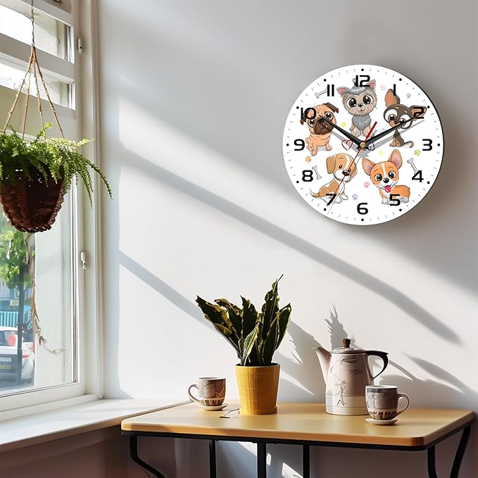 Wall Clock, 10 Inch Silent Non-Ticking Home Kitchen Decor, Battery Operated for Bathroom Bedroom Living Room Office(Cute Dogs)
