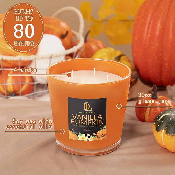 Vanilla Pumpkin Candle, Fall Scented Candle, Large 30oz Natural Soy Candles, 4-Wick 80 Hour Burn Time, Autumn Fragrance Candles Gifts for Home Decor