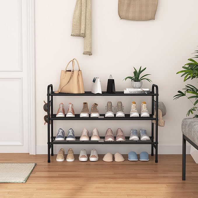 3 Tier Shoe Rack 33" Wide Metal Shoe Organizer Long Shoe Storage with 4 Side Hooks Sturdy Shoes Shelf for Front Door Entrance, Closet, Garage, Dorm, Black